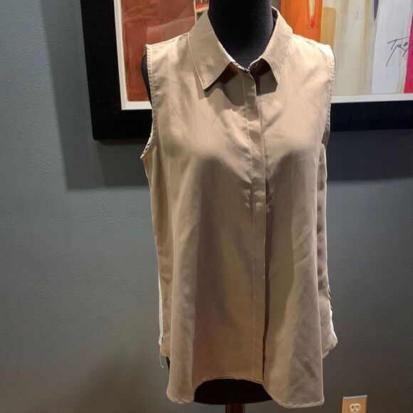 Mystree deep khaki tencel & stripe sleeveless shirt w/button front & back. NWT. - Picture 1 of 11